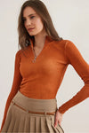 Zippered Turtleneck Stretch Blouse