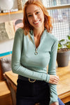 Zippered Turtleneck Stretch Blouse