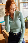 Zippered Turtleneck Stretch Blouse