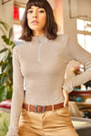 Zippered Turtleneck Stretch Blouse