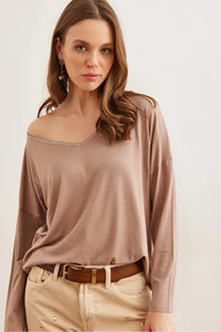 V-Neck Viscose Blouse with Silver Stitching Details