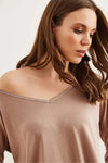 V-Neck Viscose Blouse with Silver Stitching Details