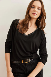 V-Neck Viscose Blouse with Silver Stitching Details