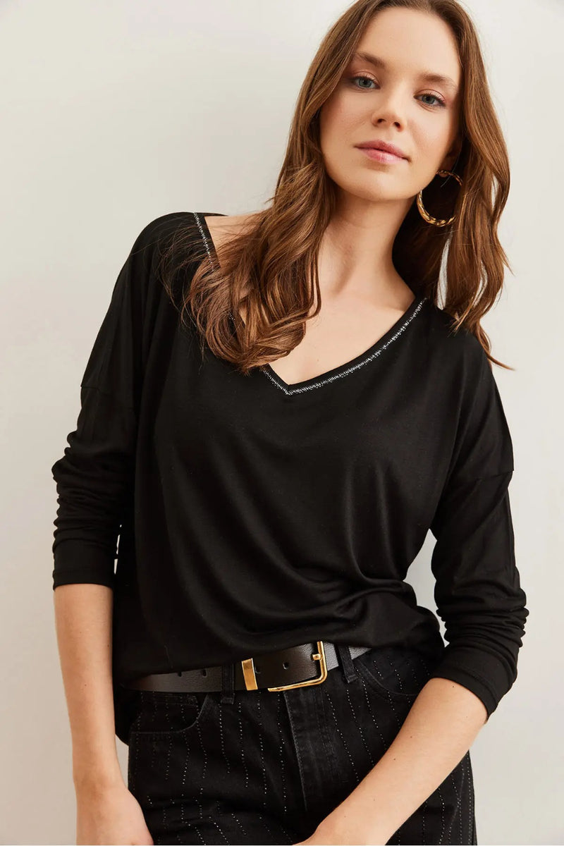 V-Neck Viscose Blouse with Silver Stitching Details