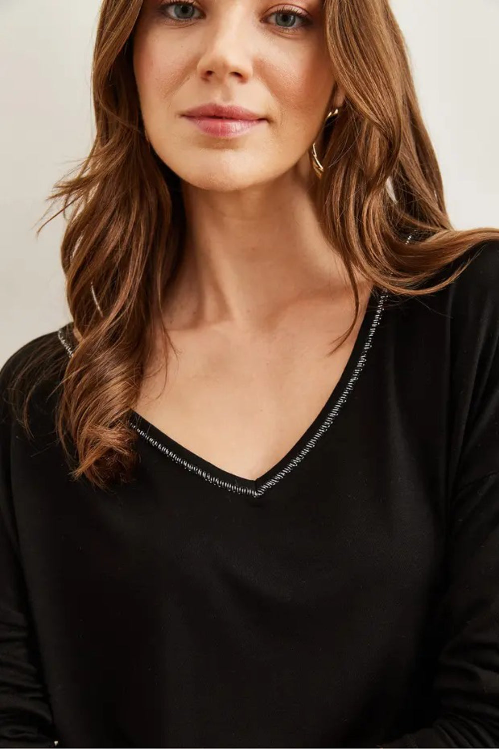 V-Neck Viscose Blouse with Silver Stitching Details