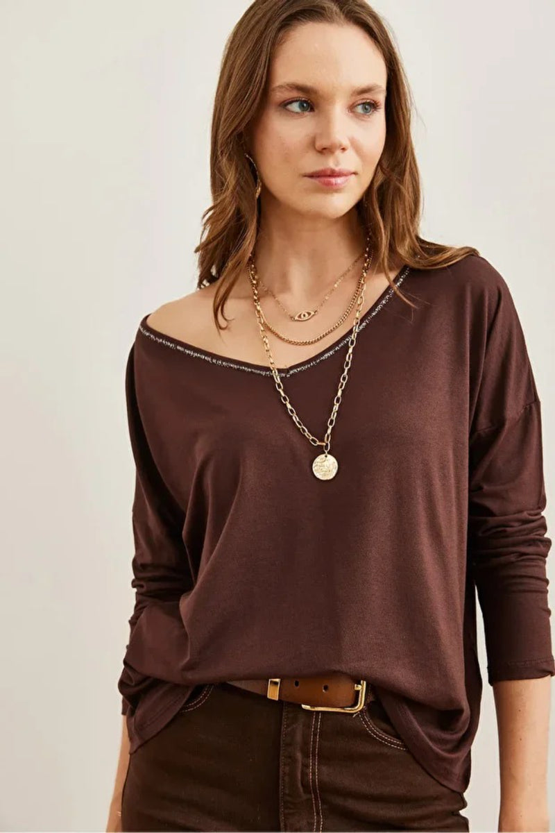 V-Neck Viscose Blouse with Silver Stitching Details
