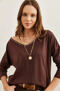 V-Neck Viscose Blouse with Silver Stitching Details
