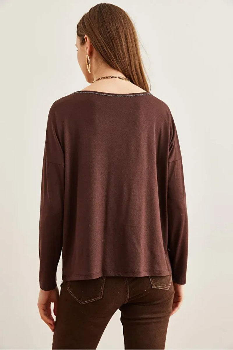 V-Neck Viscose Blouse with Silver Stitching Details