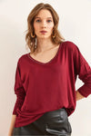 V-Neck Viscose Blouse with Silver Stitching Details