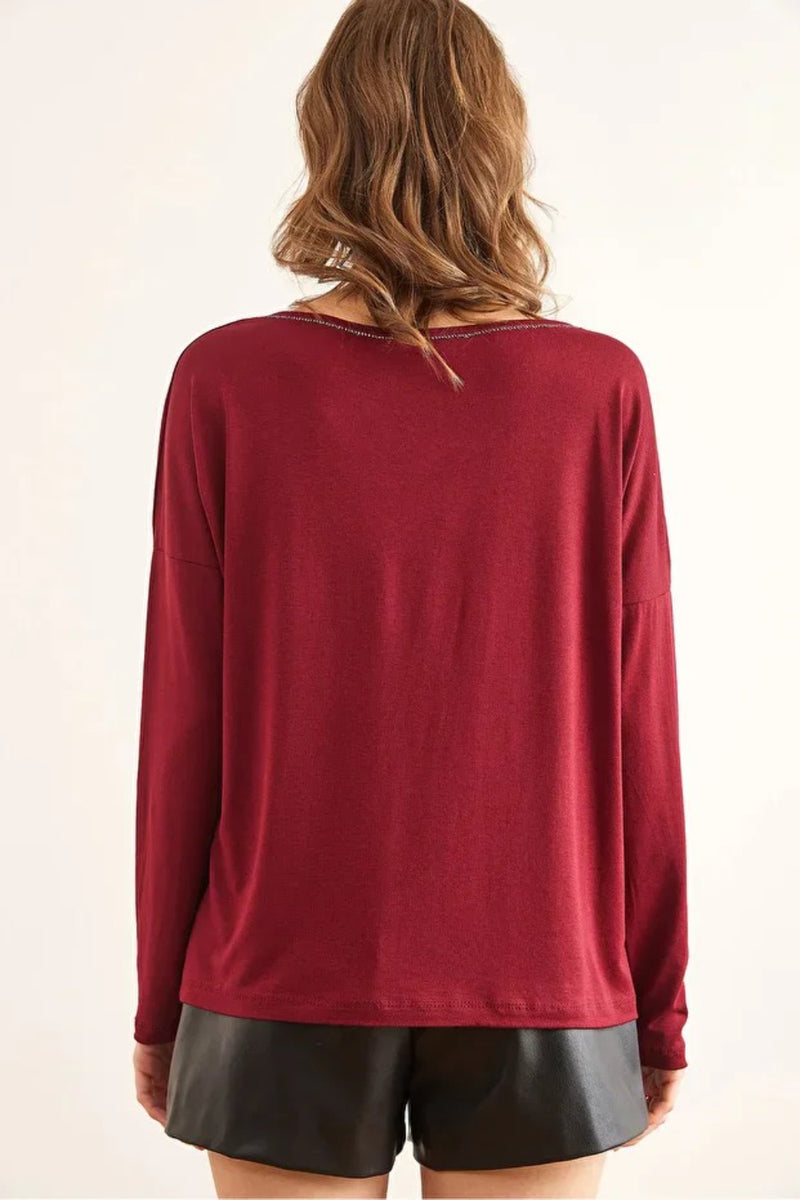 V-Neck Viscose Blouse with Silver Stitching Details