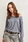 V-Neck Viscose Blouse with Silver Stitching Details