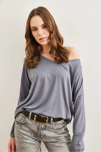 V-Neck Viscose Blouse with Silver Stitching Details