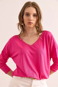 V-Neck Viscose Blouse with Silver Stitching Details
