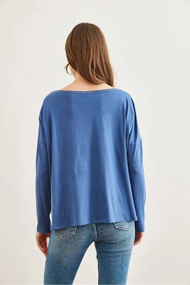 V-Neck Viscose Blouse with Silver Stitching Details