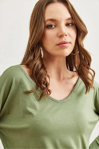 V-Neck Viscose Blouse with Silver Stitching Details