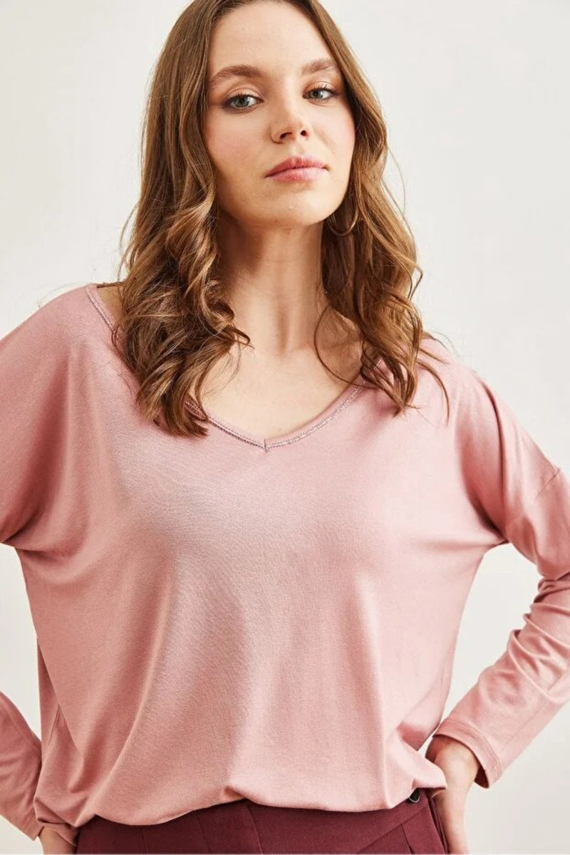 V-Neck Viscose Blouse with Silver Stitching Details