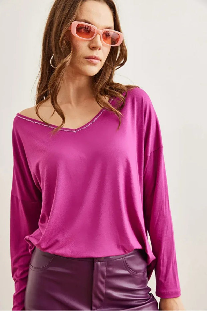 V-Neck Viscose Blouse with Silver Stitching Details