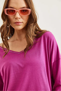 V-Neck Viscose Blouse with Silver Stitching Details