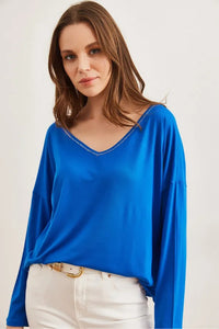 V-Neck Viscose Blouse with Silver Stitching Details