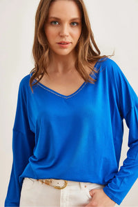 V-Neck Viscose Blouse with Silver Stitching Details
