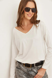 V-Neck Viscose Blouse with Silver Stitching Details