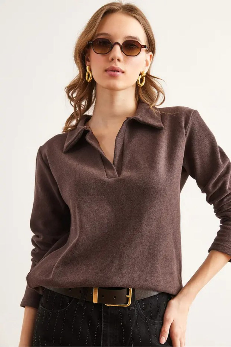 Polo Neck Tunisian Knit Blouse