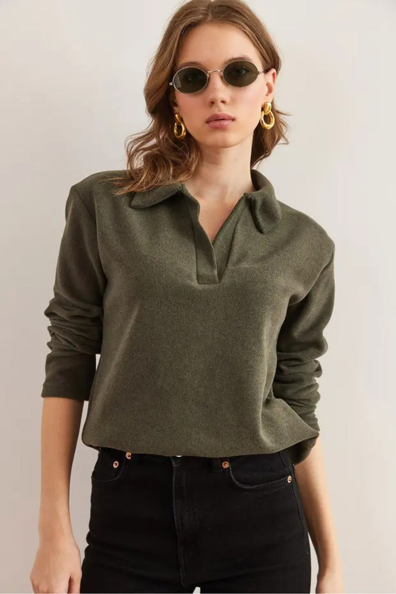 Polo Neck Tunisian Knit Blouse