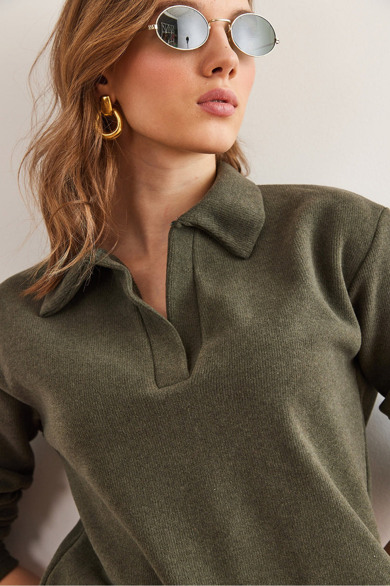 Polo Neck Tunisian Knit Blouse