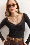 Black Deep V-Neck Lace-Detail Stretch Cotton Blouse