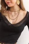 Black Deep V-Neck Lace-Detail Stretch Cotton Blouse