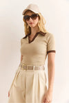 Polo Collar Color-Detail Stretch Cotton Blouse