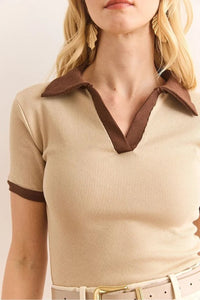 Polo Collar Color-Detail Stretch Cotton Blouse