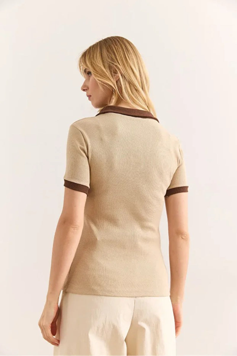 Polo Collar Color-Detail Stretch Cotton Blouse