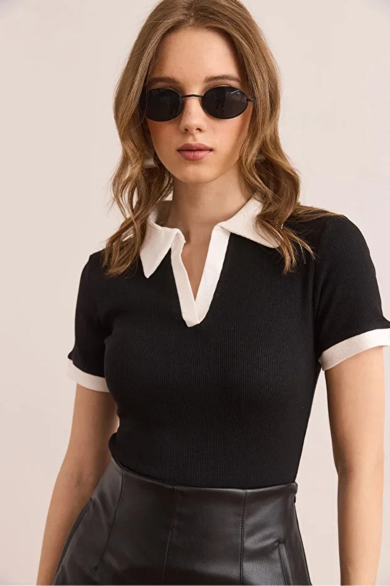 Polo Collar Color-Detail Stretch Cotton Blouse