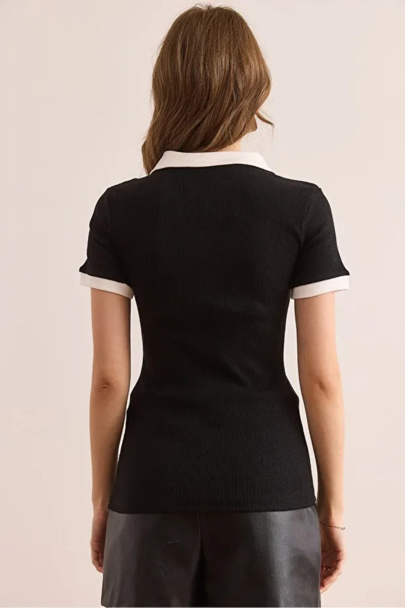 Polo Collar Color-Detail Stretch Cotton Blouse