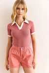 Polo Collar Color-Detail Stretch Cotton Blouse