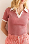 Polo Collar Color-Detail Stretch Cotton Blouse