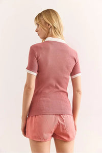 Polo Collar Color-Detail Stretch Cotton Blouse