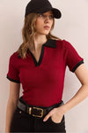 Polo Collar Color-Detail Stretch Cotton Blouse