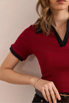 Polo Collar Color-Detail Stretch Cotton Blouse