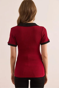 Polo Collar Color-Detail Stretch Cotton Blouse