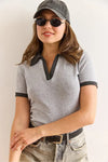 Polo Collar Color-Detail Stretch Cotton Blouse