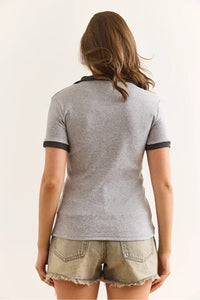Polo Collar Color-Detail Stretch Cotton Blouse