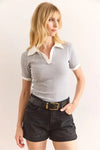 Polo Collar Color-Detail Stretch Cotton Blouse