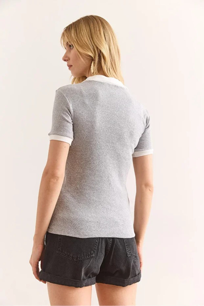 Polo Collar Color-Detail Stretch Cotton Blouse