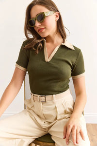 Polo Collar Color-Detail Stretch Cotton Blouse