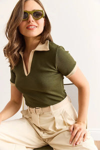 Polo Collar Color-Detail Stretch Cotton Blouse