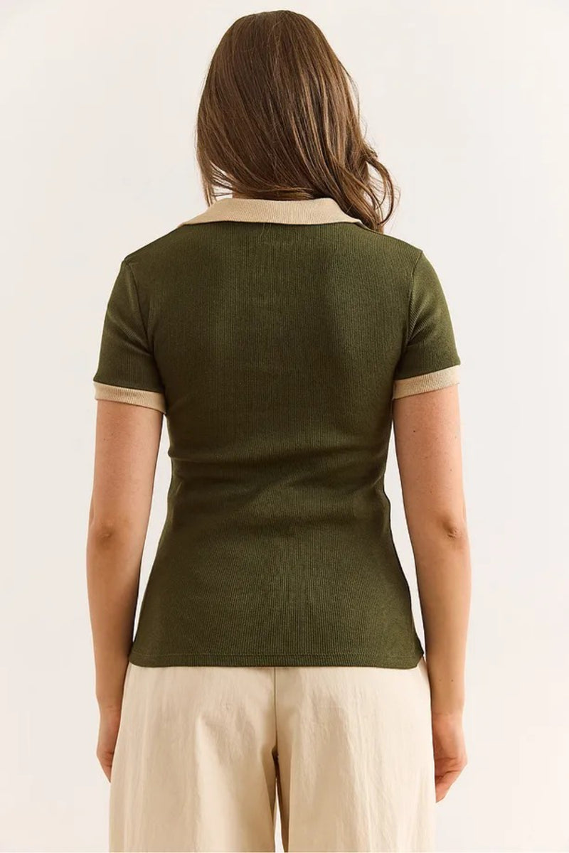 Polo Collar Color-Detail Stretch Cotton Blouse