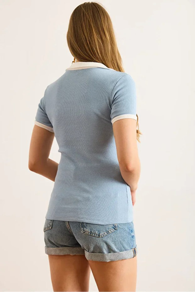 Polo Collar Color-Detail Stretch Cotton Blouse