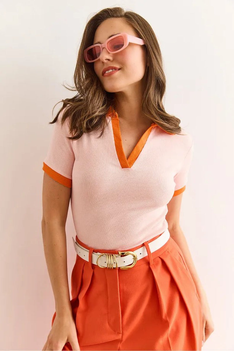 Polo Collar Color-Detail Stretch Cotton Blouse